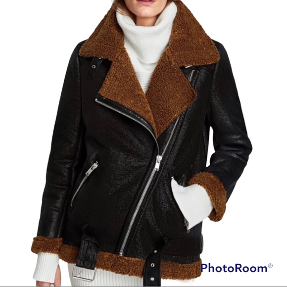 Zara Jackets & Blazers - Zara Blogger Favorite Acme Aviator Faux Shearling Moto Jacket Black NEW Sz Small